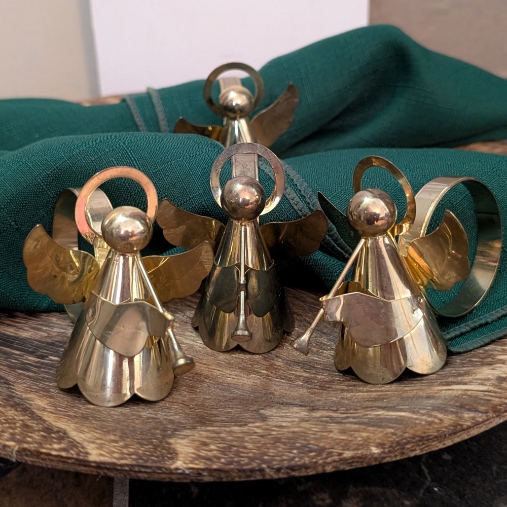 Gold Gilded Cherub Angel Napkin Ring Holders And Green Napkins Set Of 4